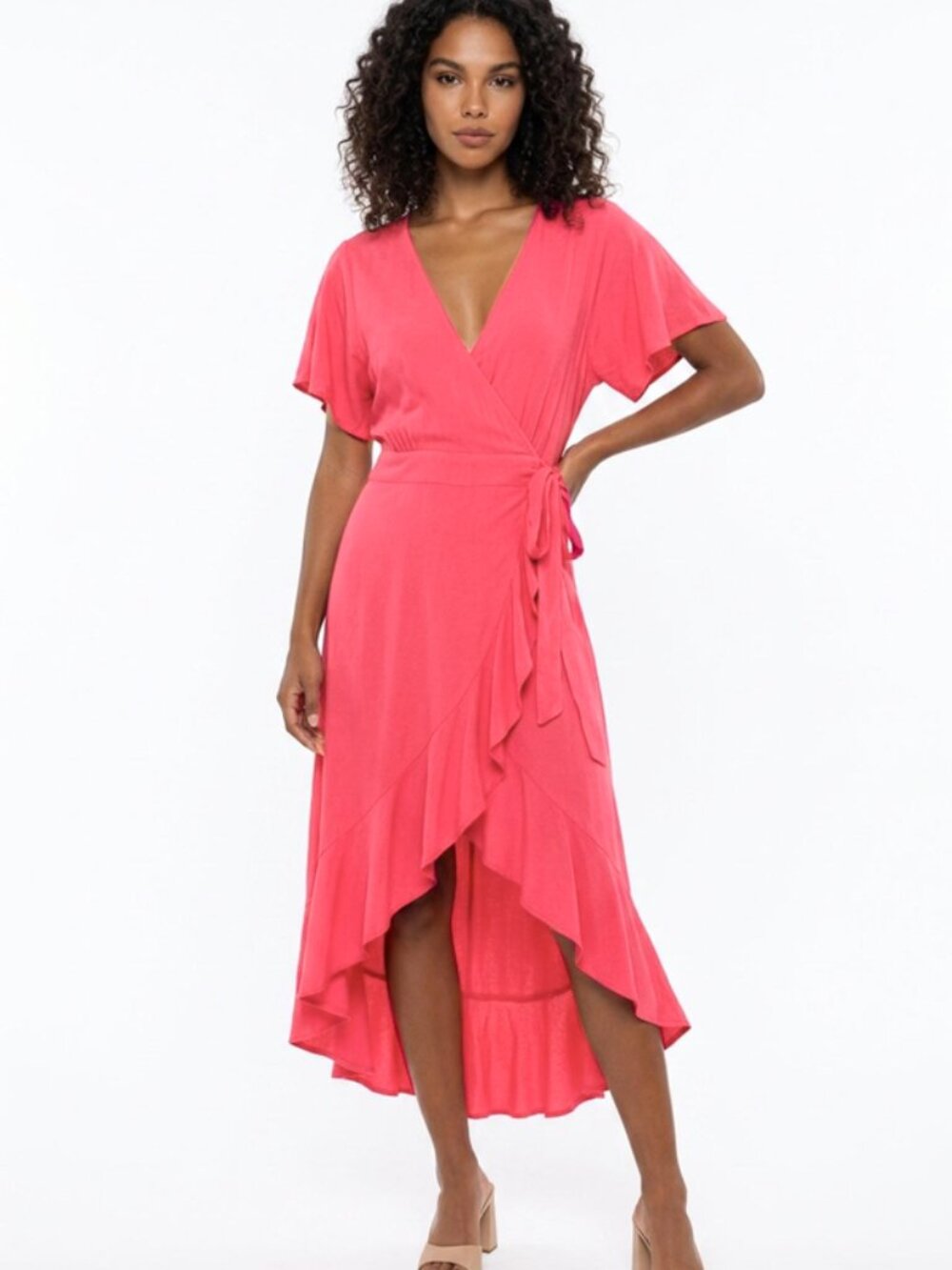 YFB Pink Ruffle Wrap Dress Flowy Flutter Sleeve Feminine Girly Siren Coral Midi
